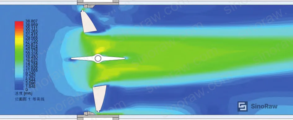 Figure 10: Double-disc DN1400 velocity contour and streamline maps at large disc 10% opening — further reduction in high-velocity seal zone, vortex confined to upper disc back face