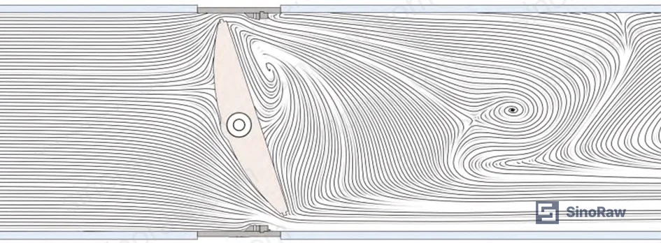 Figure 8: Single-disc DN1400 velocity contour and streamline maps at 20% opening — wake zone moderating but flow separation still present
