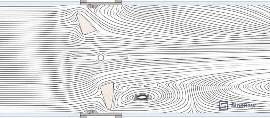 Figure 11: Double-disc DN1400 velocity contour and streamline maps at large disc 20% opening — near-uniform velocity distribution, minimal flow separation