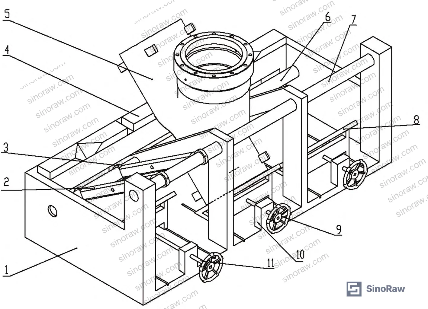 Figure 1: Overall assembly of the Y-type globe valve grinding fixture showing L-bed frame, sliding support plate, V-groove beam, and pull-ring beam arrangement