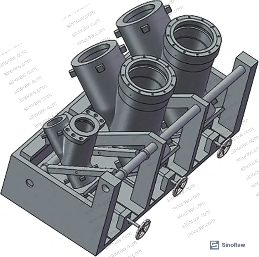 Figure 5: Multiple valve bodies of different sizes clamped simultaneously in the fixture, sealing faces presented vertically for grinding