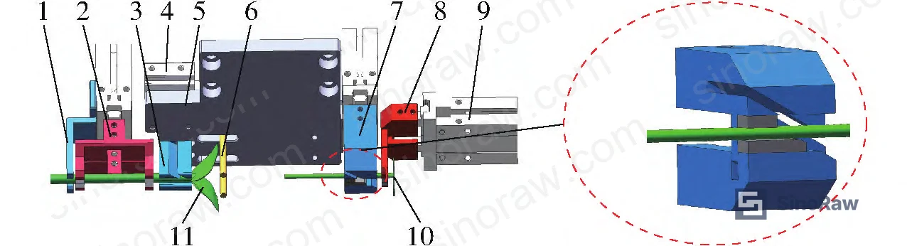 Figure 11: Overall UV adhesive dispensing device structure showing integrated clamping, cutting, spray, curing, and output mechanisms