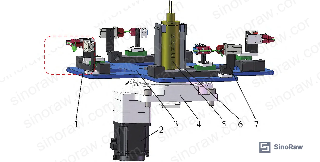 Figure 12: Rotary transport mechanism structure showing four synchronized docking modules with servo motor drive