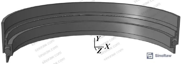 Figure 2: 3D half-model of an eccentric O-ring showing varying pre-compression from minimum (left) to maximum (right) — required for accurate contact stress prediction