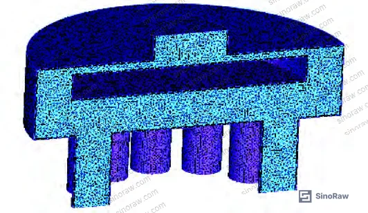Figure 4: Three-dimensional CFD domain showing half-symmetry flow field with extended inlet and outlet zones to prevent boundary-induced errors