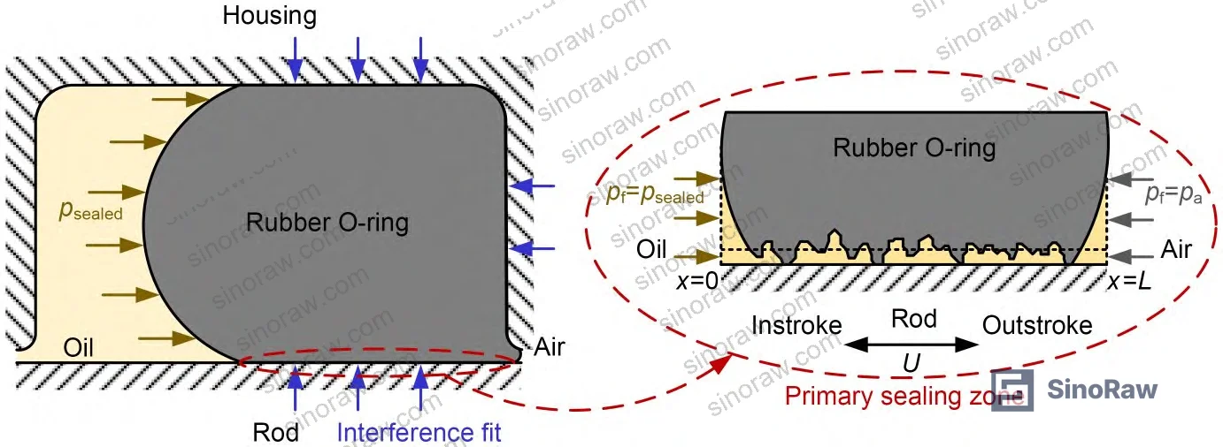 Figure 12: Mechanical boundary conditions for O-ring rod seal FEA model showing fluid pressure penetration and housing constraint configuration