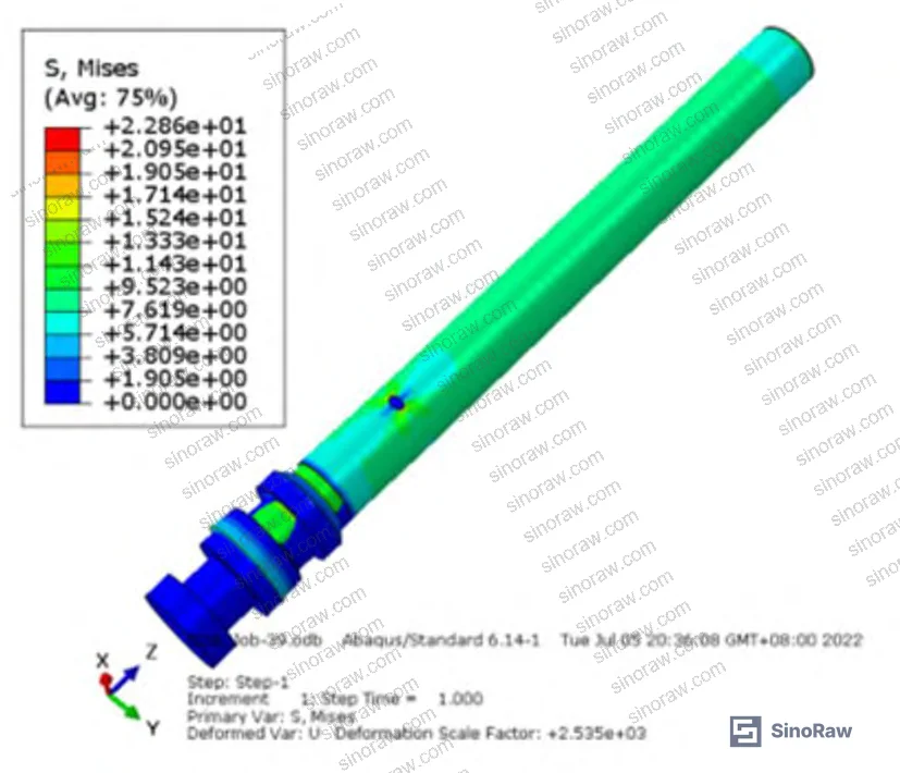 Figure 6: Final stem stress distribution showing 22.86 MPa peak stress at blind-hole base under design load — 95% below yield strength confirms structural adequacy
