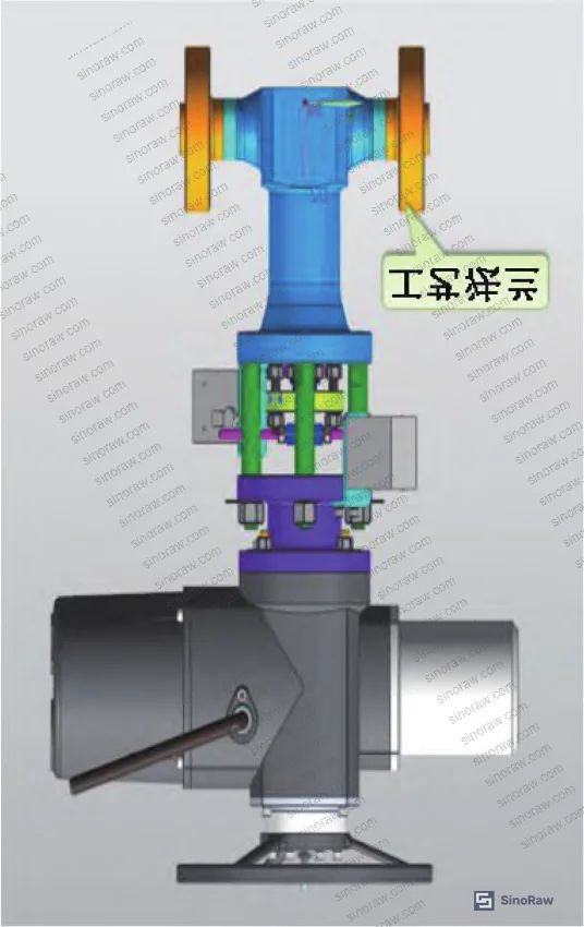 Figure 2: Full assembly cross-section of the nuclear-grade bonnetless bellows globe valve prototype, including process flanges used during qualification testing