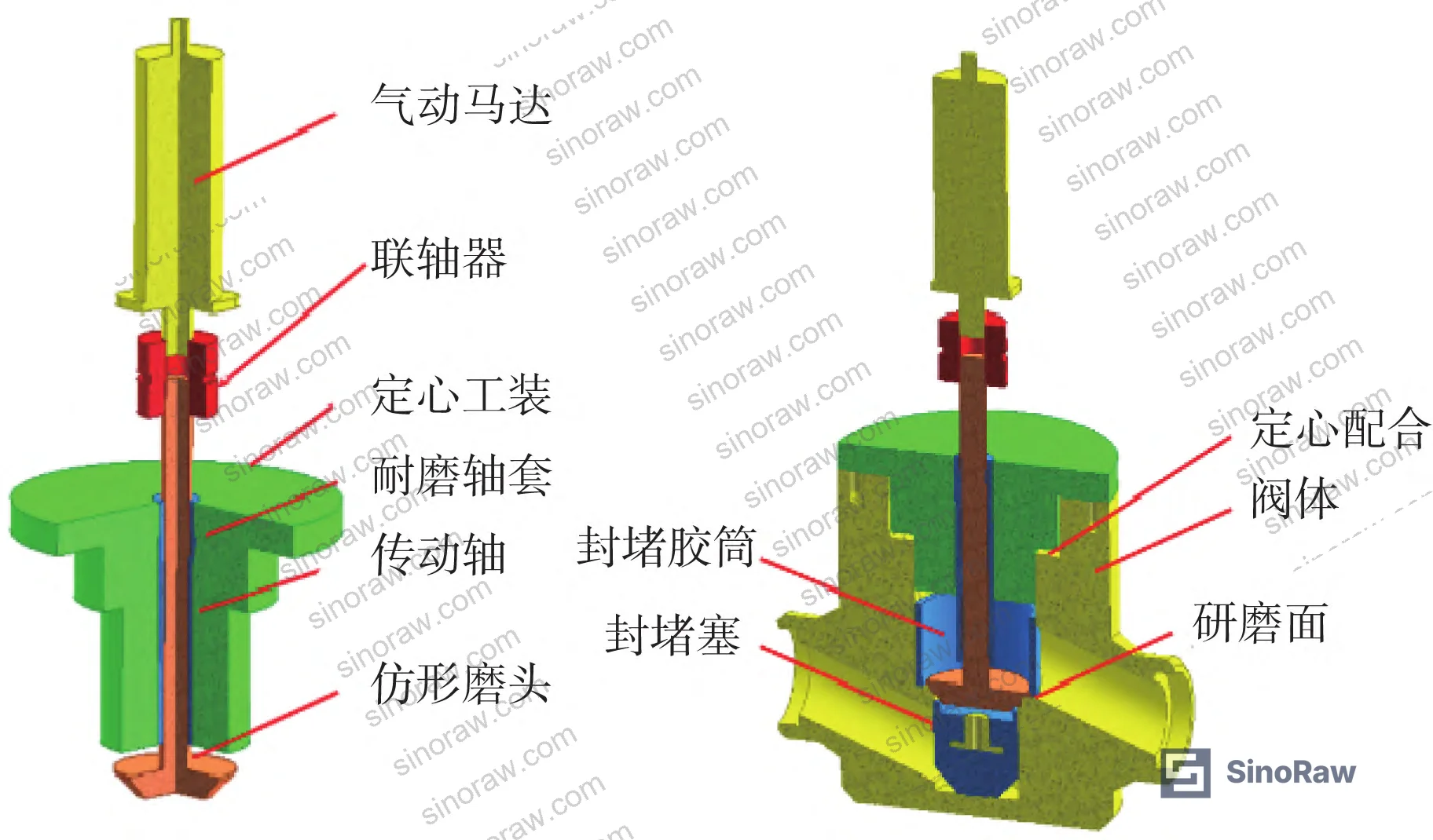 Figure 2: Valve seat grinding equipment schematic — full assembly showing pneumatic motor, centering fixture, and profiled grinding head
