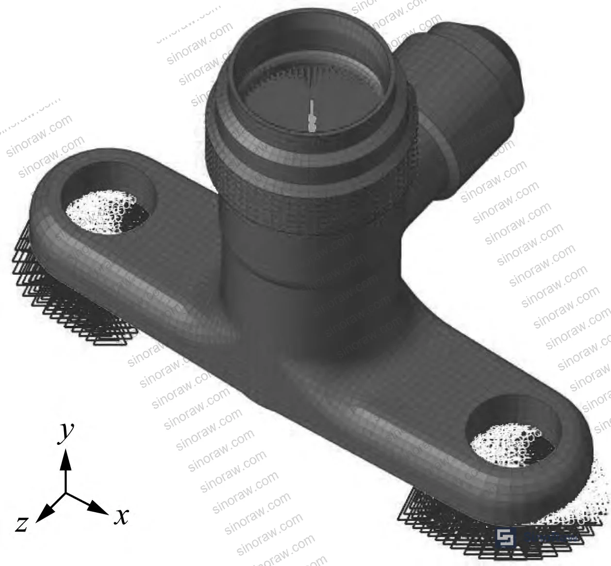 Figure 4: FEA boundary conditions — fixed constraints on two mounting holes (all 6 DOF), torque applied at cap nut face
