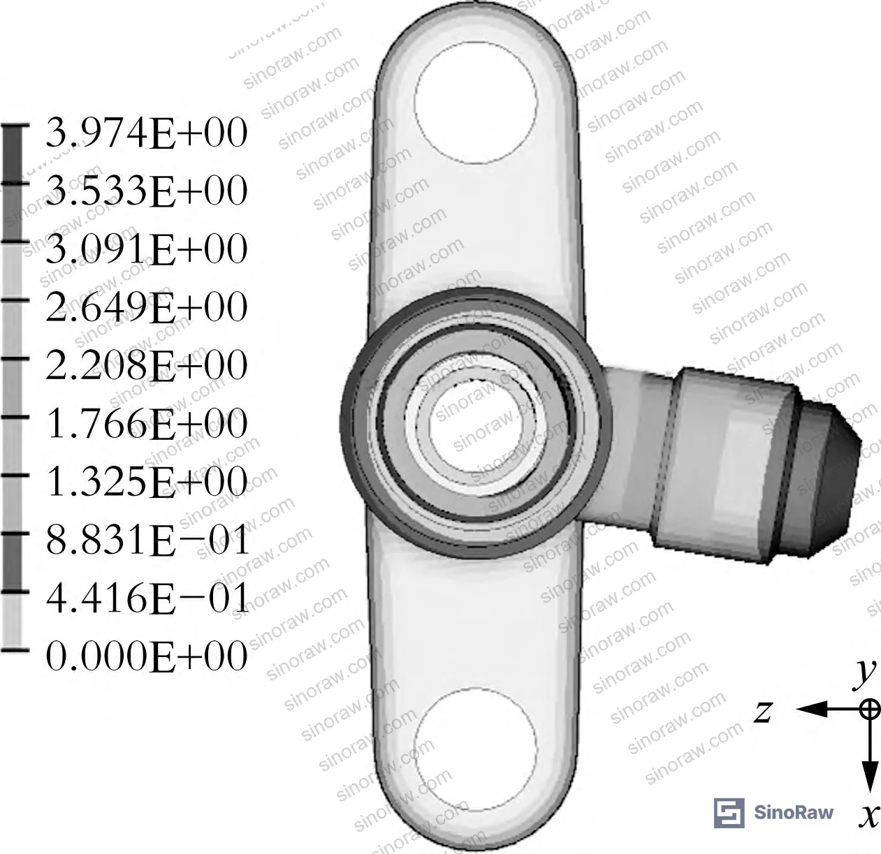 Figure 10: Plastic deformation displacement contour plot at 113.7 N·m — maximum displacement 3.974 mm, showing severe angular offset of connector head