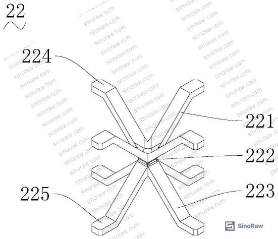 Figure 3: Cable clip assembly showing X-shaped clip body, elastic tab pair, guide and retaining segment geometry, and cable slot cross-section