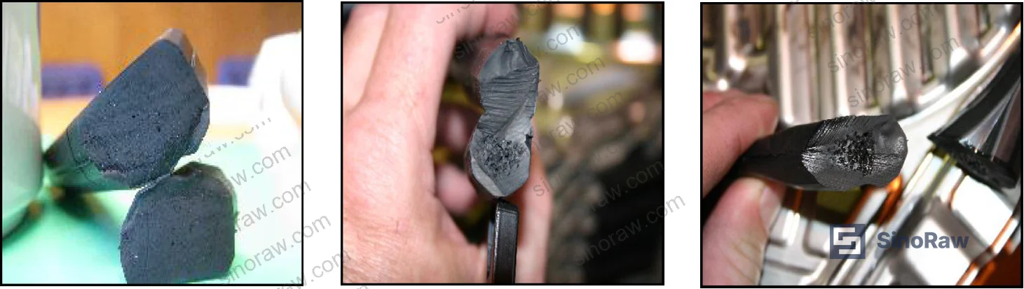 Figure 2: Cross-section defects in resin-cured EPDM gaskets vulcanized from short-die extruded strip — void formation in three production samples