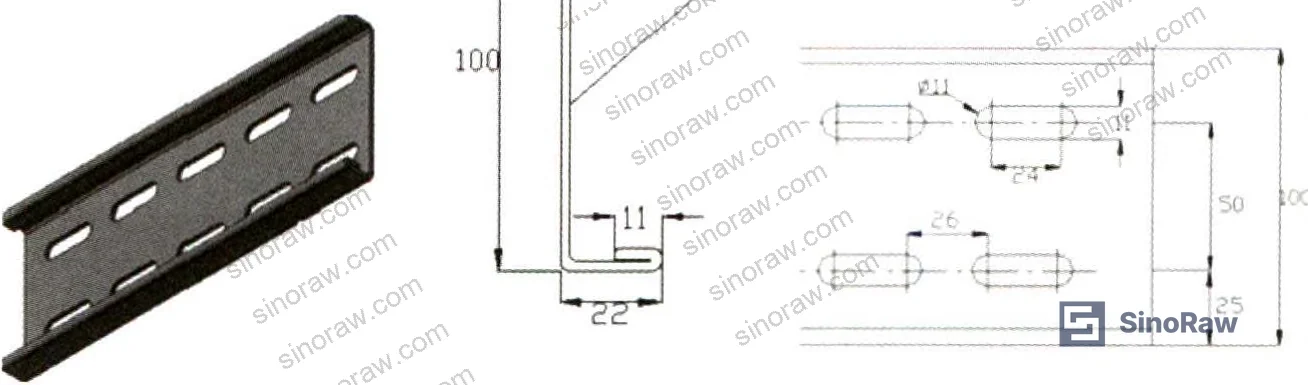 Figure 3: Perforated flat bar steel (L100×22×2.75 mm) and embedded plate detail drawings for the bolt-assembled support system