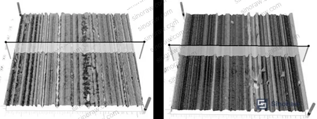 Figure 4: 3D white-light interferometry surface profiles comparing worn surfaces of pure PTFE and 20 wt% wollastonite-filled PTFE, showing protruding filler accumulation at the tribological interface