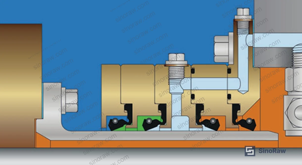 Figure 1: Typical 5-lip rotating seal assembly cross-section for podded propulsion main shaft, showing lip seal arrangement, air cavity, lubrication oil cavity, and auxiliary O-ring positions