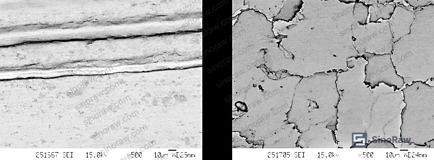 Figure 2: Wear surface morphology comparison showing friction behavior across PTFE formulations — from unfilled PTFE with severe plastic deformation to dual-filler compound with only mild abrasive wear
