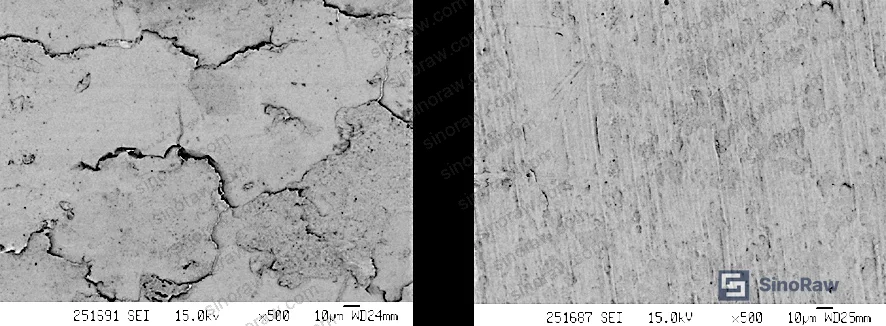 Figure 3: SEM morphology of PTFE seal wear surfaces — dual-filler formulation (2% TCY + 20% BaSO₄) showing smooth surface with only mild abrasive wear, confirming tribological superiority over single-filler compounds