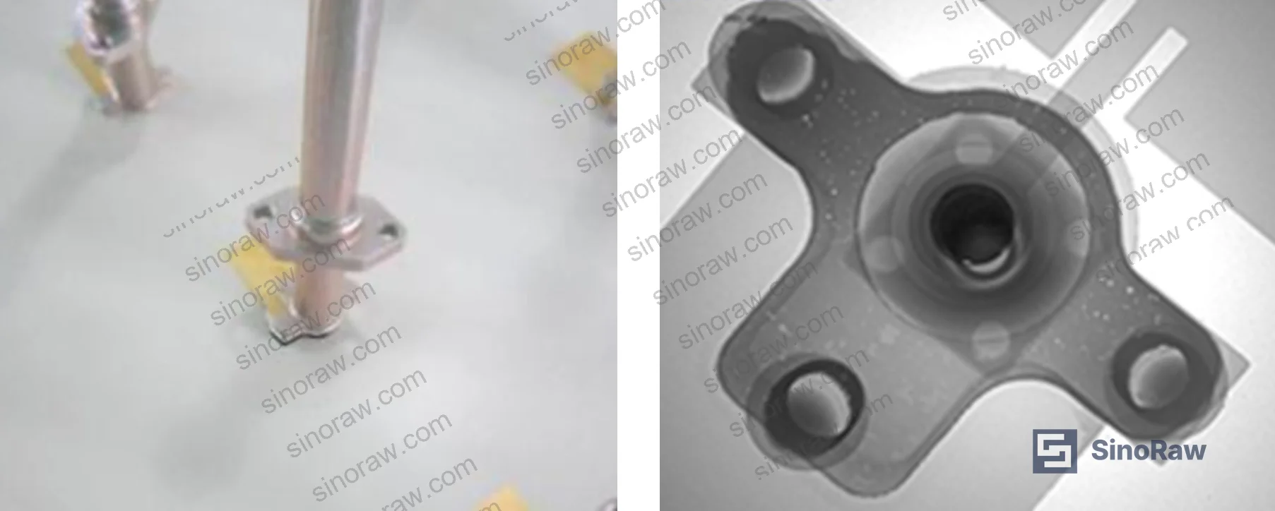 Figure 2: Post-weld visual and X-ray inspection results showing filled fillet with ≥75% brazing penetration on composite dielectric substrate antenna assembly